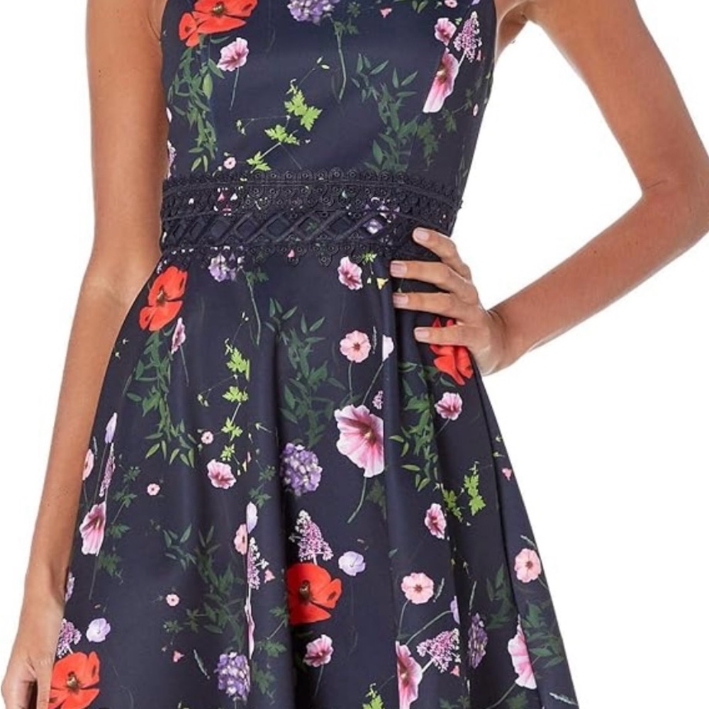 Ted Baker Red and Purple Pleated A-line Dress Halter Neck